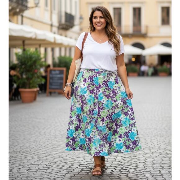 Woman Within 1X Linen Skirt Womens Plus Size Floral A-Line Artsy Summer Teacher - Picture 1 of 8